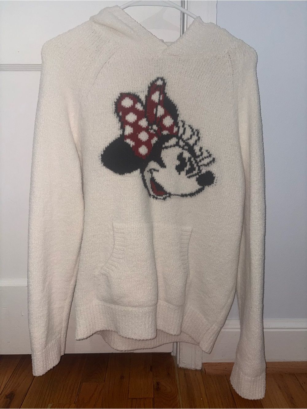Barefoot Dreams Cream Minnie Mouse Hooded Sweater with Red Bow